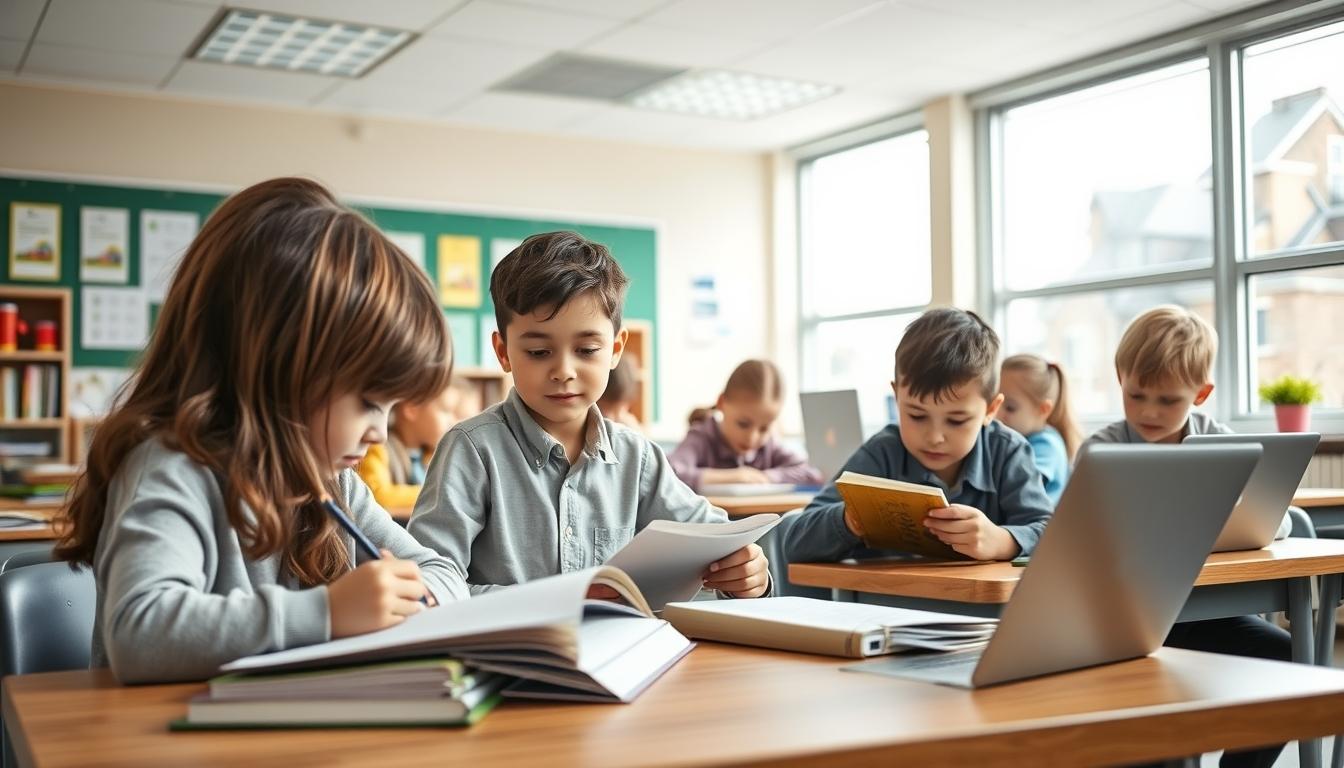 Students studying together in modern classroom